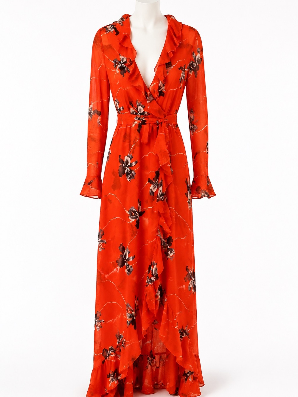 Sachin & Babi Floral by Ruffle Wrap Maxi Dress in Bold orange or